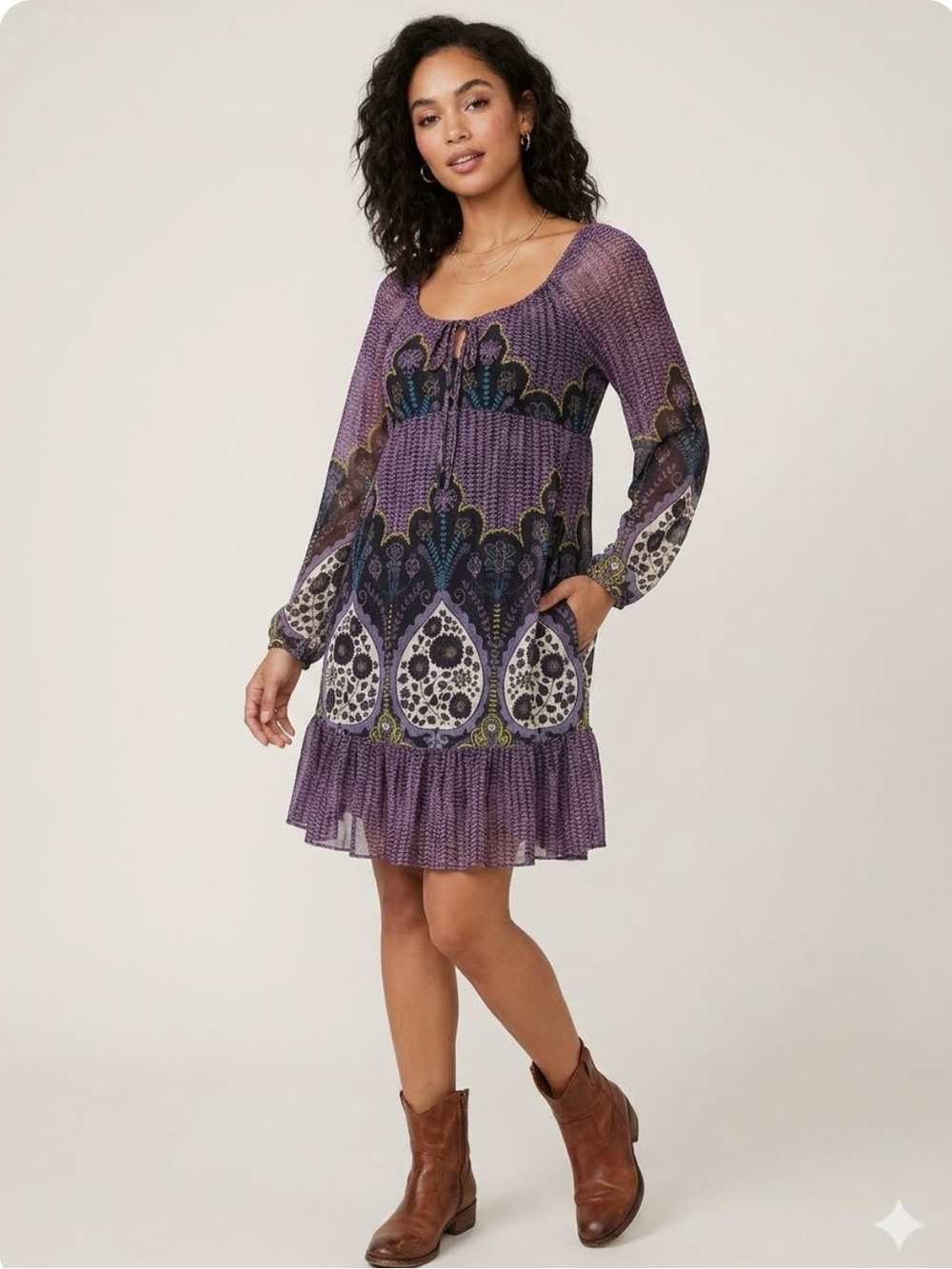 Fire Los Angeles Boho Sheer Mesh Indie Dress Floral Purple Lightweight Sz Medium